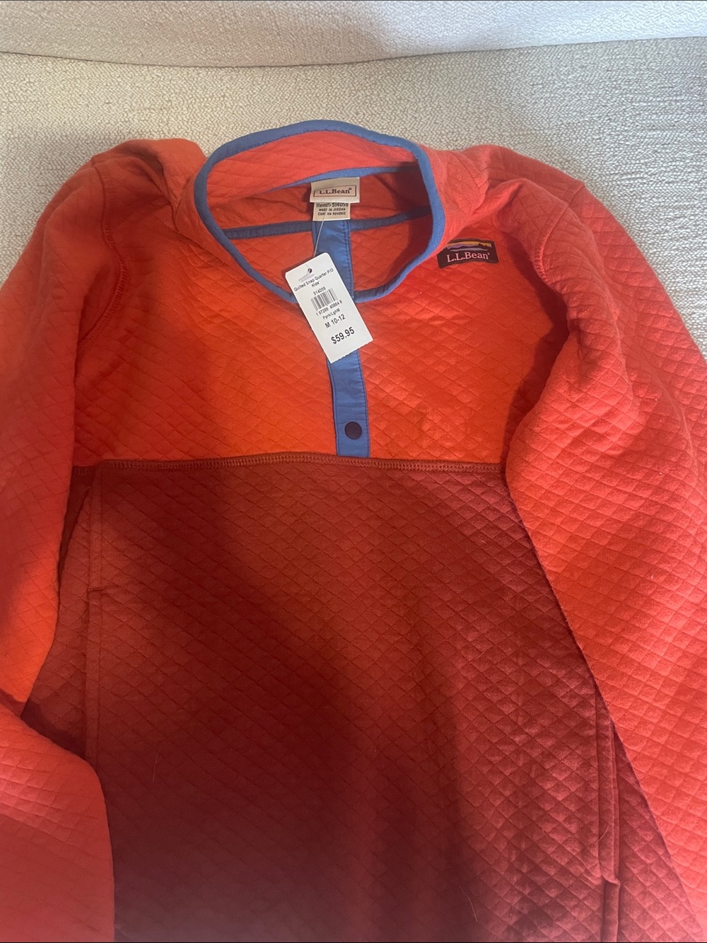 L.L. Bean Kids Quilted Pullover Hoodie in Orange with Blue Trim